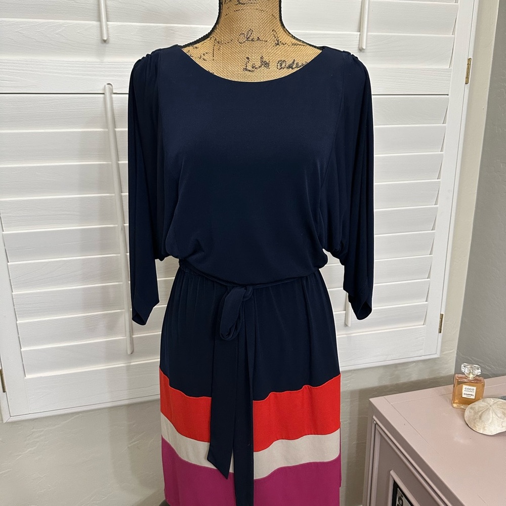 Jessica Howard Navy and Striped Long Sleeve Dress